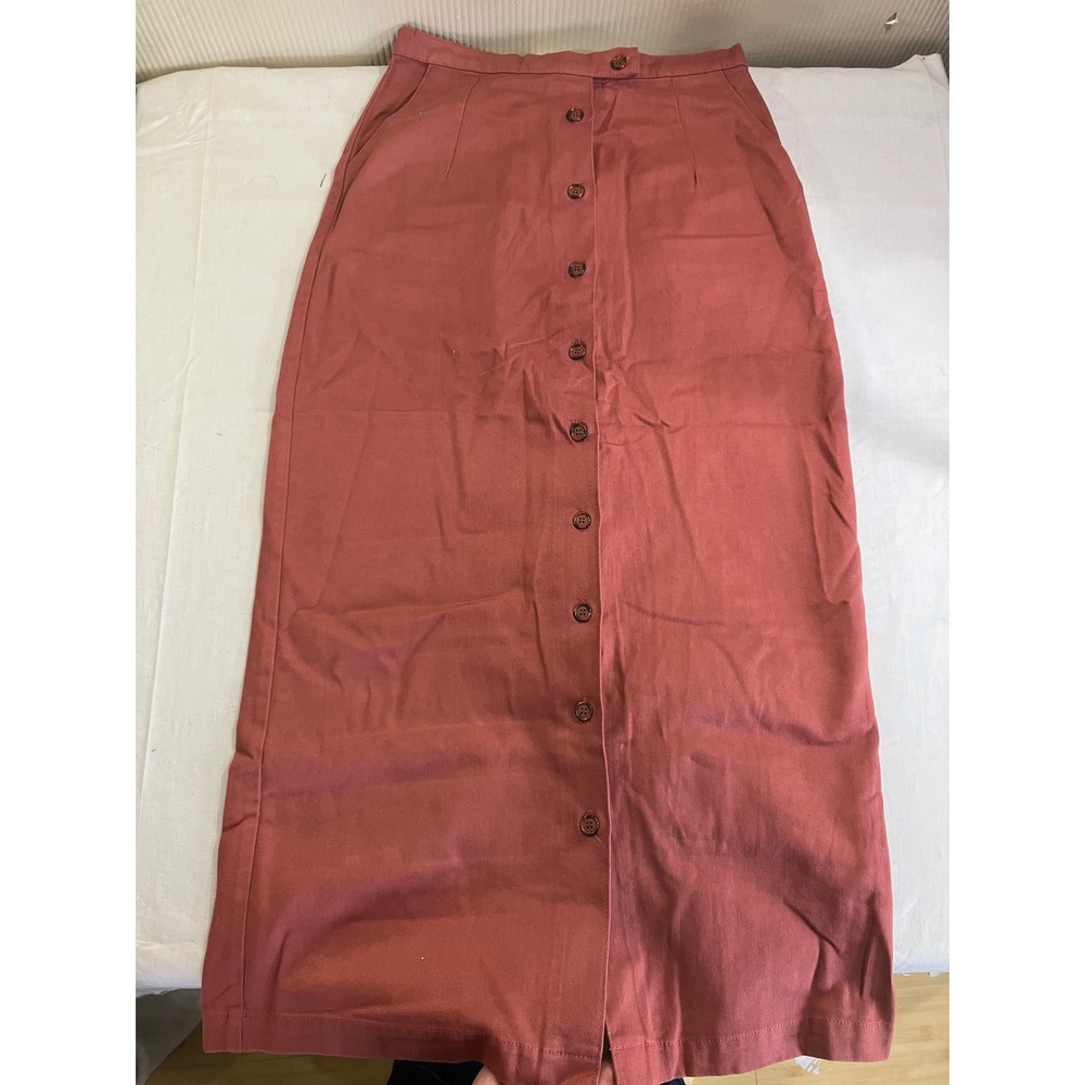 Touch of Blue Vintage Button Front Maxi Skirt Rust Cotton Made in USA Size 8